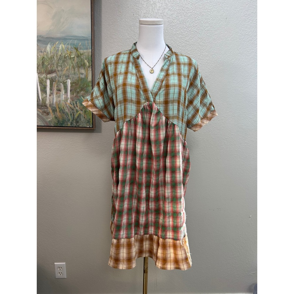 Patchwork Plaid Babydoll Dress Cottagecore Lagenlook Oversized Tunic Medium - Picture 9 of 9